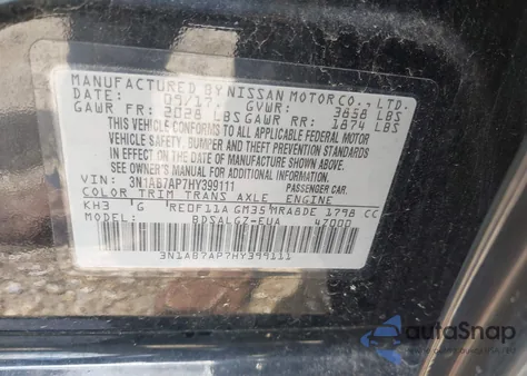 2017 Nissan Sentra Sl z USA, uszkodzony, nr VIN 3N1AB7AP7HY399111